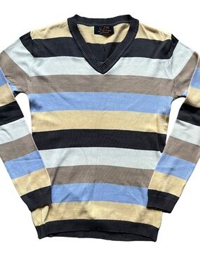 ICON Men’s V-Neck Striped Sweater in Blue, Brown & Tan